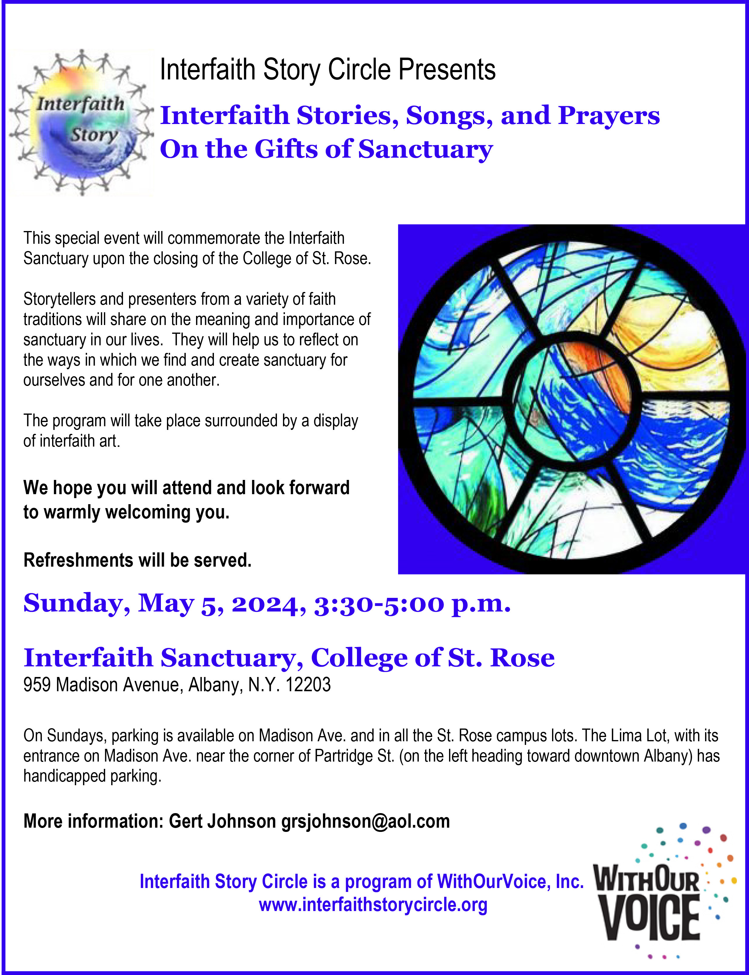 Flyer for May 5 Interfaith Stories, Songs, and Prayers on the Gifts of Sanctuary